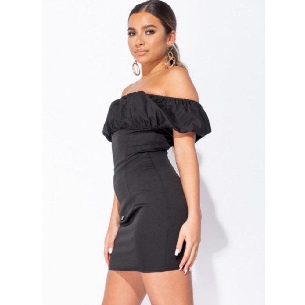 Black Off Shoulder Short Sleeve Bodycon Mini Dress - Picture 3 of 7
